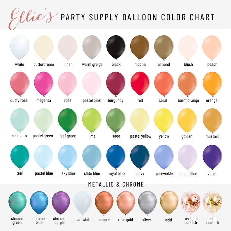 Puede incluir: Una tabla de colores de globos con diferentes colores y nombres. La tabla est&aacute; dividida en tres secciones: colores est&aacute;ndar, colores pastel y colores met&aacute;licos y cromados. La tabla incluye colores como blanco, negro, rojo, azul, verde, amarillo, naranja, rosa, morado y marr&oacute;n. La tabla tambi&eacute;n incluye colores como rosa polvoriento, vidrio de mar, azul aguamarina y lila pastel. La tabla tambi&eacute;n incluye colores met&aacute;licos y cromados como verde cromo, azul cromo, morado cromo, blanco perla, cobre, oro rosa, plata y oro.