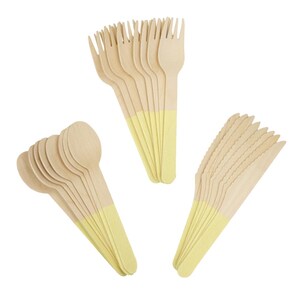 May include: A set of disposable wooden cutlery with yellow accents. The set includes forks, spoons, and knives.