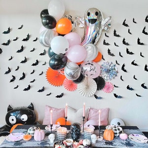 Pastel Pink and Orange Halloween Balloon Arch Kit, Orange, Pink, Black Marble, and Bats Balloon Garland Kit, Halloween Party Backdrop Decor