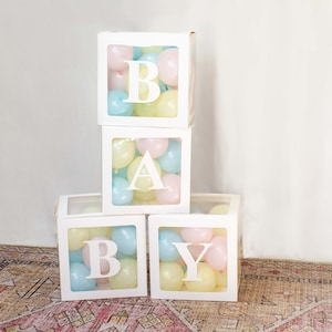 Bloques blancos para bebés, cajas con globos para bebés, bloques para baby shower, bloques transparentes para bebés, cajas con globos personalizadas, decoración para baby shower, revelación de género