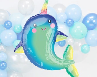 Giant Rainbow Narwhal Mylar Balloon (39 inch), Kids Birthday Underwater Foil Balloon, Ocean Theme, Oneder the Sea, 1st Birthday Party Decor