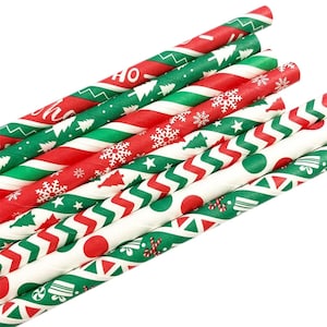 May include: A set of red and green paper straws with various Christmas-themed patterns, including snowflakes, candy canes, and Christmas trees.