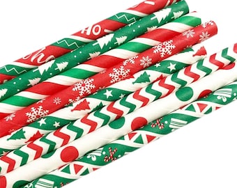 Holiday Paper Straws Variety Pack, Red, Green, Gold, White Christmas Icon Paper Straws, Set of 24 Disposable Drinking Straws, Party Supplies