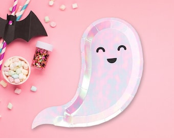 Talerze na Halloween w kształcie ducha, mieniąca się zastawa stołowa na imprezę, zestaw 8 szt.