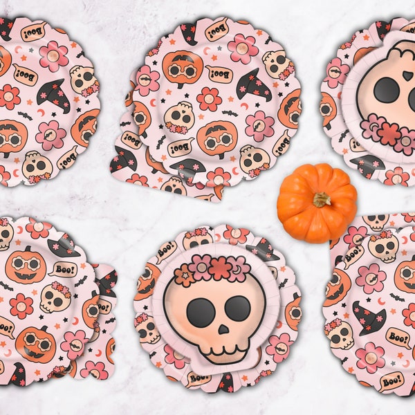 Groovy Halloween Tableware, Light Pink Halloween Plates, Cups, Napkins With Halloween Icon Illustrations, Skull, Halloween Tableware ON SALE