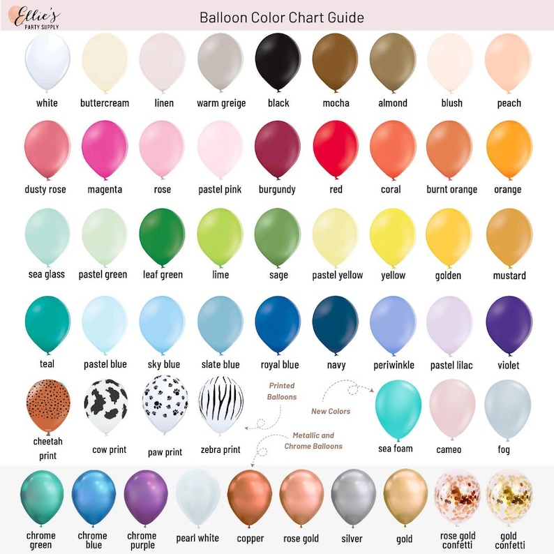 Puede incluir: Una gu&iacute;a de colores para globos, que muestra una variedad de colores y patrones, incluyendo colores s&oacute;lidos, colores met&aacute;licos y dise&ntilde;os impresos. La tabla incluye colores como blanco, negro, rojo, azul, verde, amarillo, naranja y morado, as&iacute; como patrones como estampado de guepardo, estampado de vaca, estampado de pata y estampado de cebra.