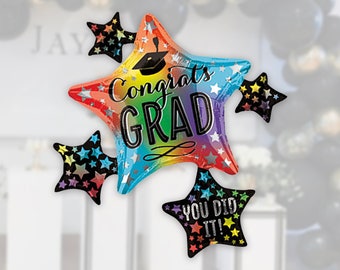 Congrats Grad Rainbow Star Balloon – 35&quot; Mylar Foil | Graduation Party Decor, You Did It Balloon, Class of 2025