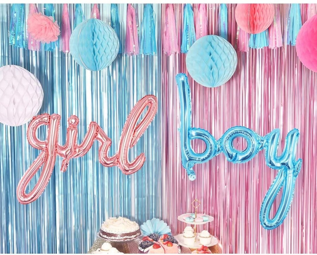 Baby Gender Reveal Party Decorations, Boy Girl Banner and Foil Balloon, 100  Pcs Blue Pink Boy or Girl Balloons, Tinsel Foil Fringe Curtains Backdrop