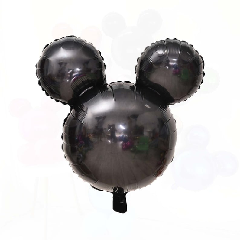 May include: Black Mickey Mouse shaped foil balloon. The balloon has two smaller round ears and a larger round head.