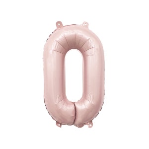May include: A rose gold foil balloon shaped like the number zero. The balloon is inflated and ready to be used for a party or celebration.