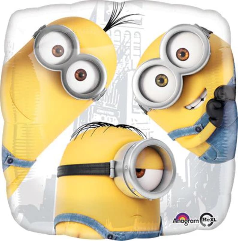 May include: Three yellow Minions with blue overalls and goggles. The Minions are on a white background with a black and white city scene.