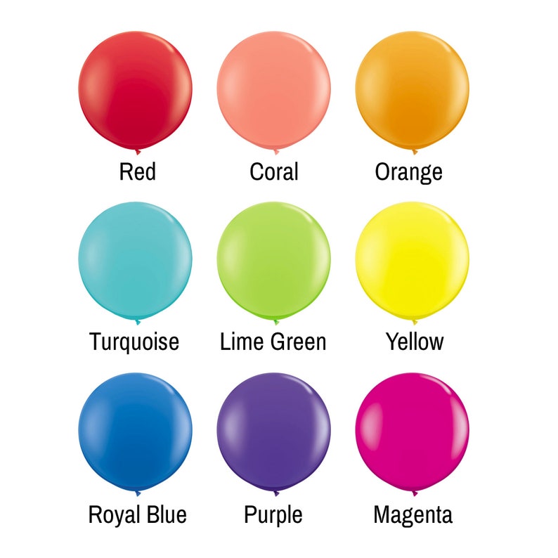 Op de afbeelding: Negen ronde ballonnen in verschillende kleuren: rood, koraal, oranje, turquoise, limoengroen, geel, koninklijk blauw, paars en magenta.