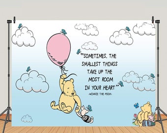 Pink Classic Winnie the Pooh Backdrop (5x7 Feet), Pastel Pink and Yellow Baby Shower, Pink Pooh Quote, 1st Birthday Backdrop, First Birthday