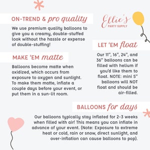 Puede incluir: Un globo rosa en forma de coraz&oacute;n con un sol brillando detr&aacute;s. El texto dice "ON-TREND & pro quality" y "MAKE 'EM matte". El texto tambi&eacute;n dice "Ellie's PARTY SUPPLY" y "LET 'EM float". El texto tambi&eacute;n dice "BALLOONS for days".