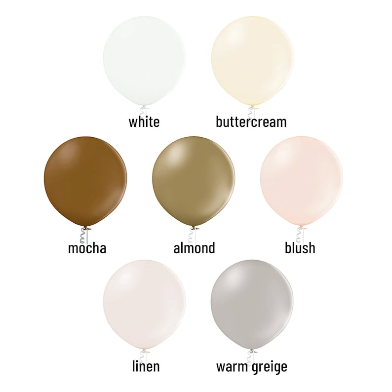 May include: Set of 10 latex balloons in various neutral colors, including white, buttercream, mocha, almond, blush, linen, and warm greige.