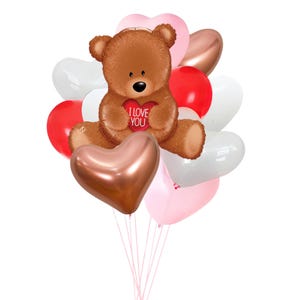 Teddy Bear I Love You Heart Balloon Bouquet (11 Pack), Valentine&#39;s Balloon Bouquet Kit, Teddy Bear Balloon, Red, Pink, White Heart Balloons