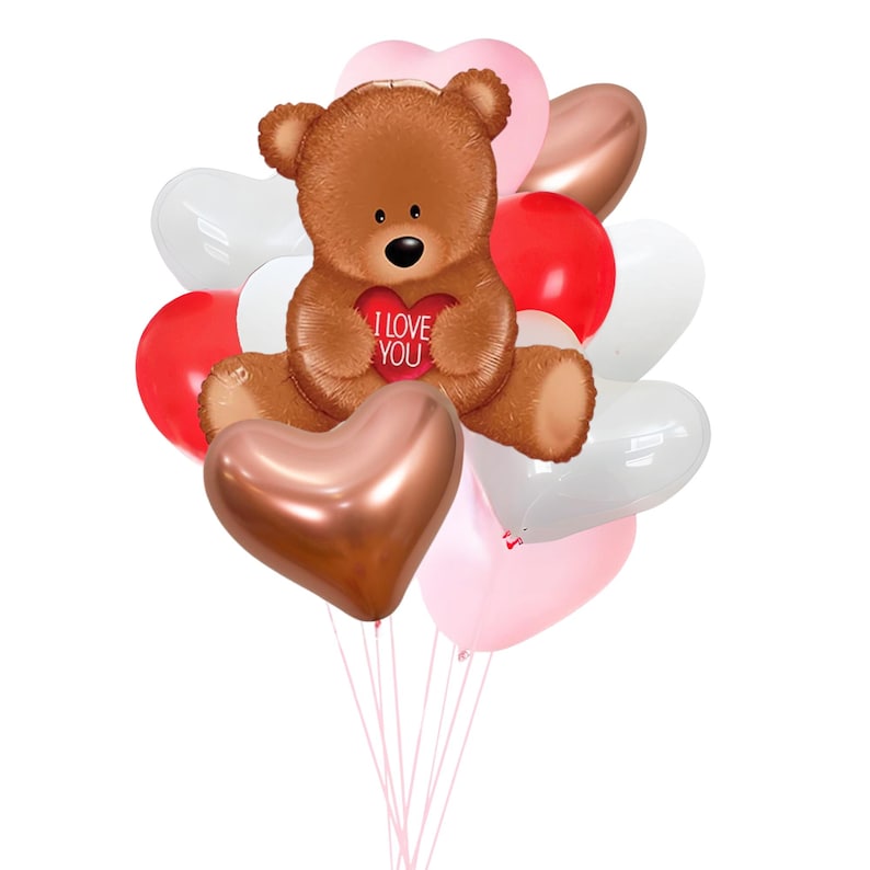 May include: A bouquet of heart-shaped balloons in pink, red, white, and gold with a brown teddy bear holding a red heart balloon that says "I Love You".