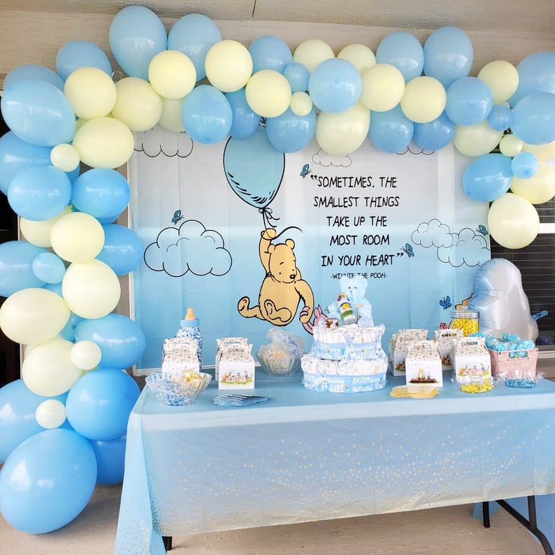 Classic Pooh Balloon Arch Kit BUNDLE, Winnie the Pooh Bear Backdrop Set, Pastel Blue & Yellow Baby Shower First Birthday Balloon Garland image 4