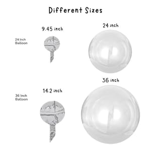 Op de afbeelding: Twee doorzichtige ballonnen, een van 24 inch en een van 36 inch in diameter, met een kleinere ballon die de grootte van een ballon van 9,45 inch en een ballon van 14,2 inch laat zien.