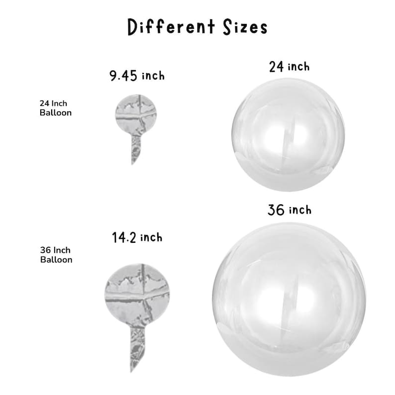 Op de afbeelding: Twee doorzichtige ballonnen, een van 24 inch en een van 36 inch in diameter, met een kleinere ballon die de grootte van een ballon van 9,45 inch en een ballon van 14,2 inch laat zien.