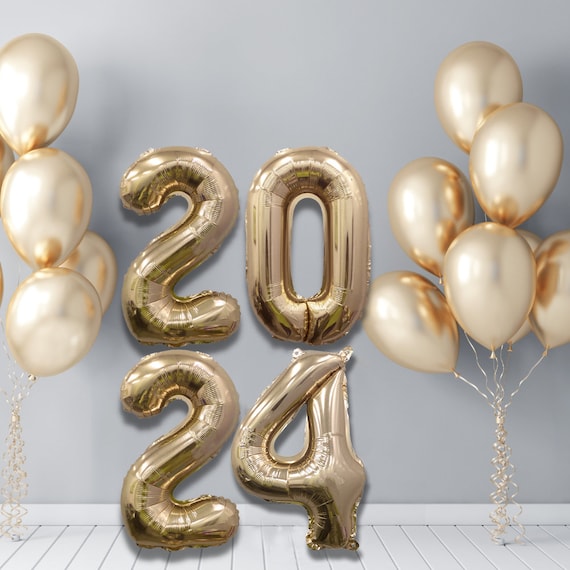 NYE 2024 Giant Gold Mylar Foil Number Balloons 4 Count, 32 New Year Number  Balloons, Jumbo Number Balloons, NYE Party Balloons 