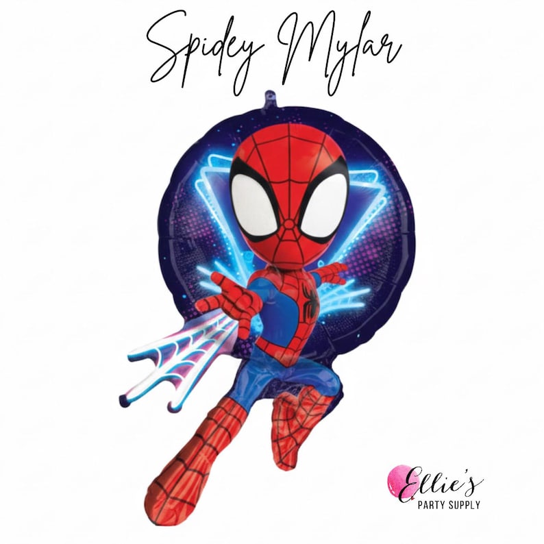 May include: A round Mylar balloon featuring a cartoon Spider-Man character in a red and blue suit with a web-shooting pose. The background is dark blue with neon light accents. The text Spidey Mylar is at the top and Ellie's Party Supply is at the bottom.