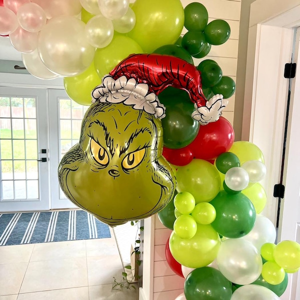 The Grinch Theme Christmas Balloon Garland Kit | Merry Grinchmas Balloon Garland | Red & Green Christmas Party Decorations
