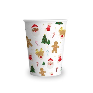 May include: White paper cup with a Christmas pattern. The pattern includes Santa Claus, reindeer, gingerbread men, candy canes, and Christmas trees.