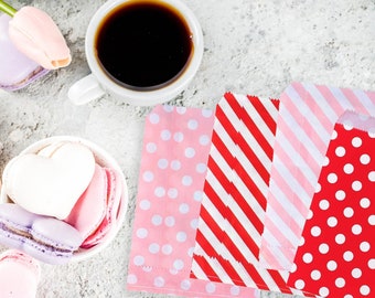 Red, Pink, White Paper Treat Bags, Small Paper Gift Bags, Set of 12 Disposable Treat Bags, Valentine's Party Supplies, Cookie or Favor Bags