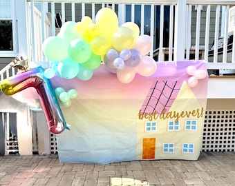 Sfondo per la festa di compleanno della Principessa Maialina, casa gialla, decorazioni per feste dai colori pastello