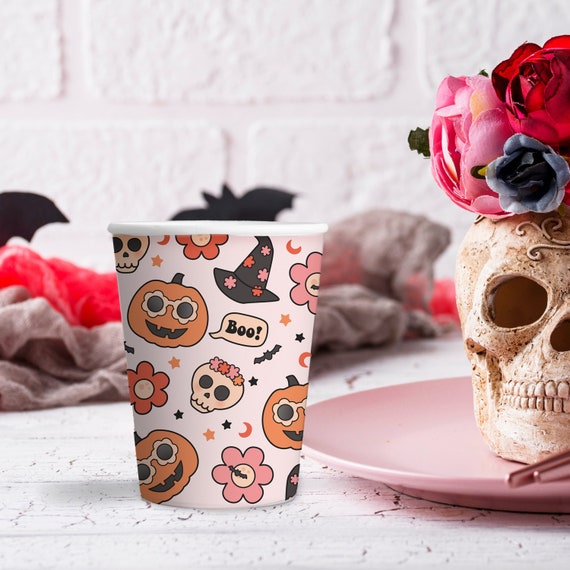 Groovy Halloween Paper Cups, Skull, Pumpkin, Flowers (Set of 8)