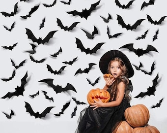 Naklejki ścienne z motywem nietoperza na Halloween, zestaw 12 czarnych naklejek ściennych z PVC 3D DIY, dekoracje na Halloween, wystrój DIY, artykuły na imprezę halloweenową
