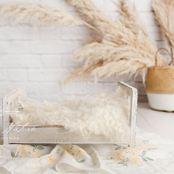 Newborn Boho Digital Backdrop with Wooden Bed opposite White Brick Wall