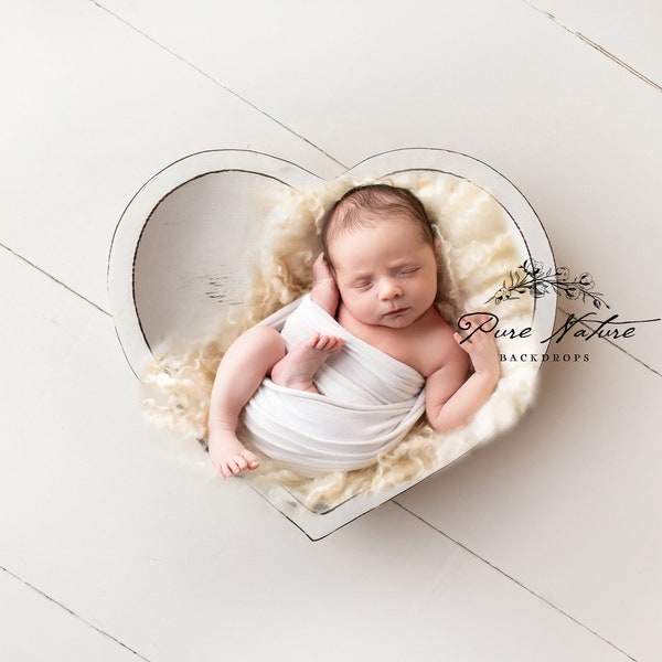 Newborn Digital Backdrop with White Heart Shaped Bowl and White Wooden Flooring. Perfect for Boy and Girl.