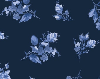 Patchworkstoff blaue Blüten auf dunkelblau
