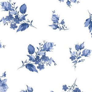 Patchwork fabric blue flowers with silver on white