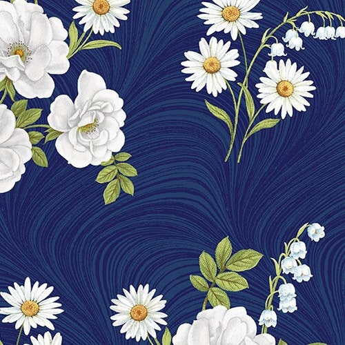 Blue & White Elegance - white flowers on blue waves - patchwork fabric