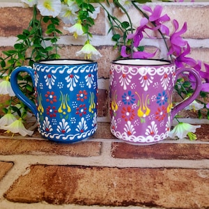 Turkish Ceramic Coffee Mug Handcrafted & Hand Painted Pottery Boho Tea Cups, Gift for Coffee Lovers (Set of 2)