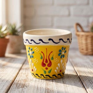May include: A yellow ceramic flower pot featuring a hand-painted design with red, green, and blue floral motifs. The rim is white with a dark blue wavy line pattern. The exterior surface is glossy and decorated with small white dot accents.