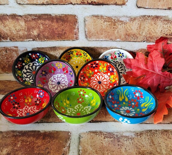 Turkish Ceramic Bowls – Handmade 3” Mini Dishes, Boho Favors, Colorful Trinket or Sauce Bowls – Assorted Colors
