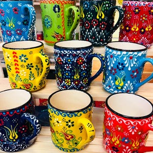 Colorful Handmade Turkish Ceramic Mug Authentic Mediterranean Design Coffee and Tea Cup