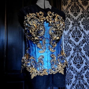 Amphitrite&#39;s Pride - Steel boned corset overbust gold filigree crystal turquoise teal blue burlesque goth custom bespoke stagewear lingerie