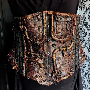 The Engineer&#39;s Advantage - underbust corset steampunk pipes cogs steel boned cincher bespoke larp dieselpunk post apocalyptic larp 39&quot; UK20