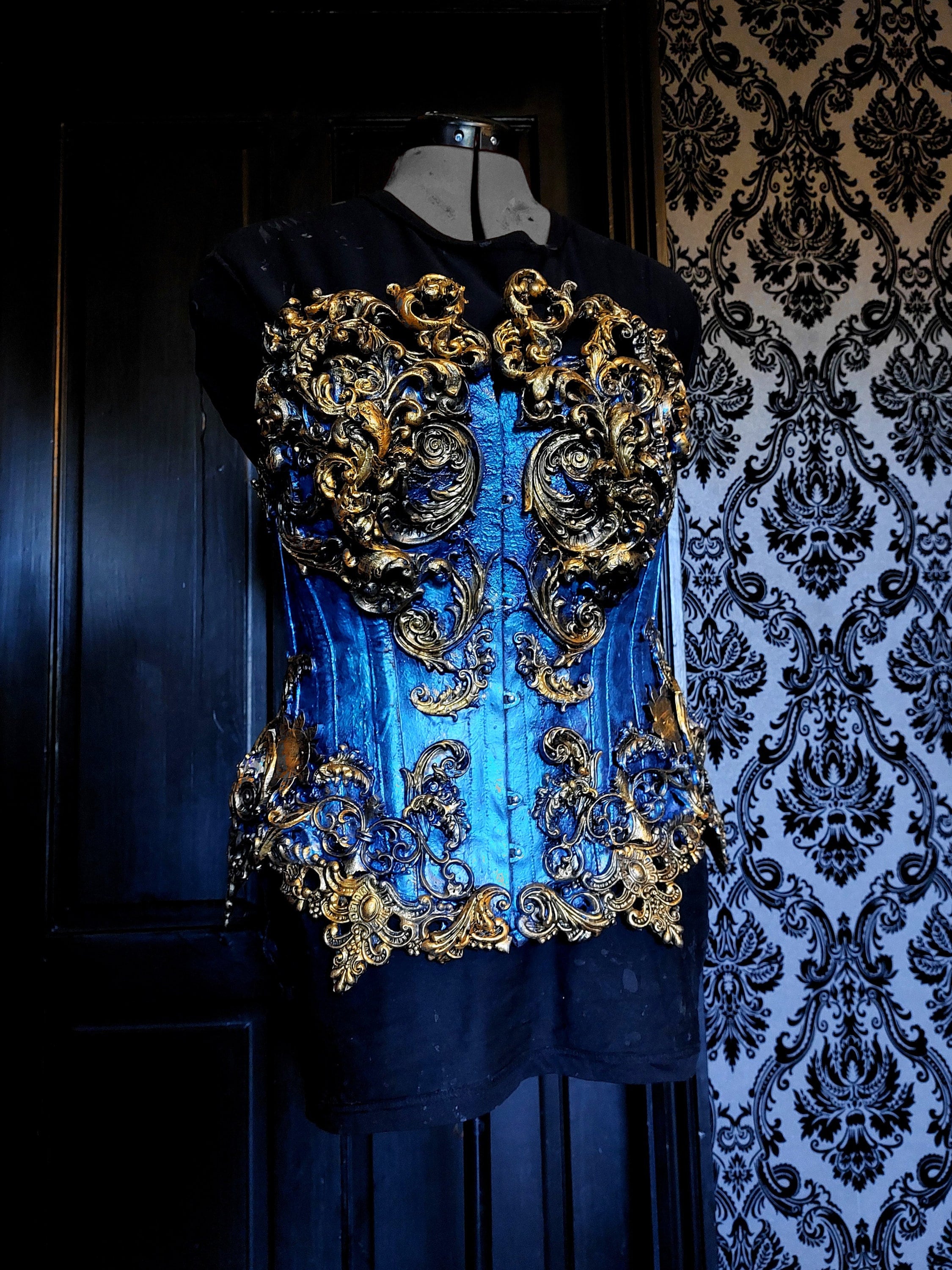 New Fashion Costume Burlesque Blue Gold Victorian Brocade Corset
