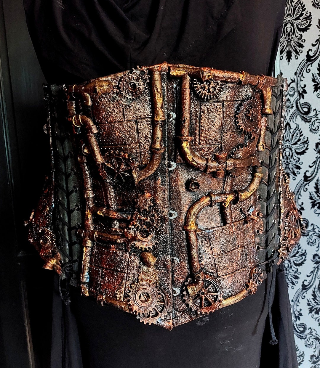 The Engineer's Advantage Underbust Corset Steampunk Pipes Cogs Steel
