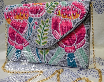 Cartera de diseñador con cuentas, cartera de mano con cuentas, bolso de mano con cuentas, cartera de mano con cuentas con flores, bolso de noche con cuentas, cartera con cuentas, cartera de mano brillante