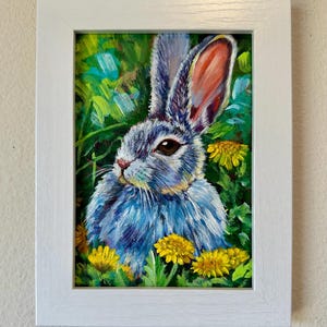 Rabbit and yellow dandelions original acrylic art wall decor 7x5 framed.