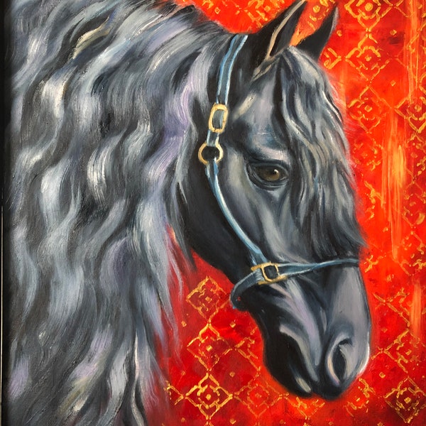 Dark Horse black horse with red and gold background, horse noble animal original art oil painting 20x16