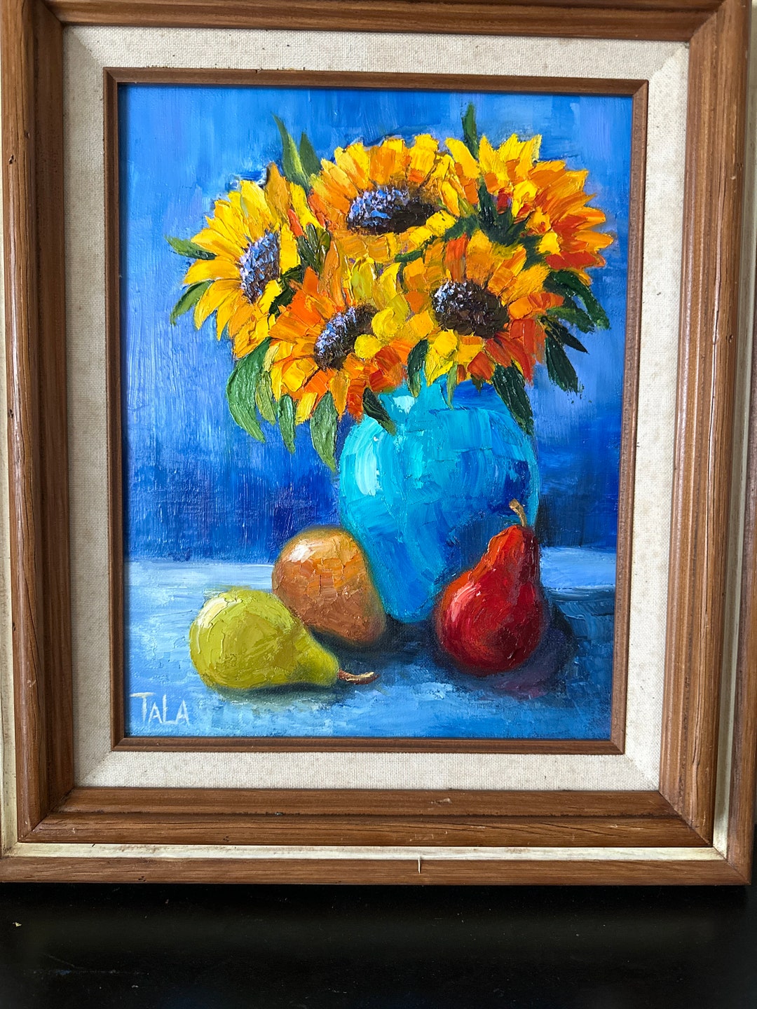 Sunflowers in the Blue Vase and Three Pears Original Art Oil Painting ...