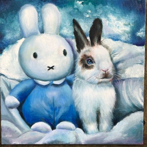 Two rabbit friends original oil painting of a white toy rabbit and pet bunny rabbits 12x12 inches animal/pet art